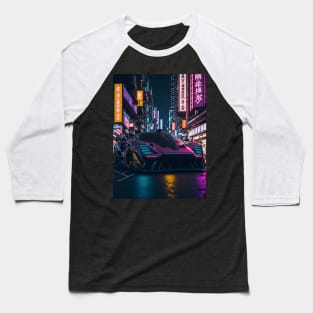 Dark Neon Sports Car in Japanese Neon City Baseball T-Shirt